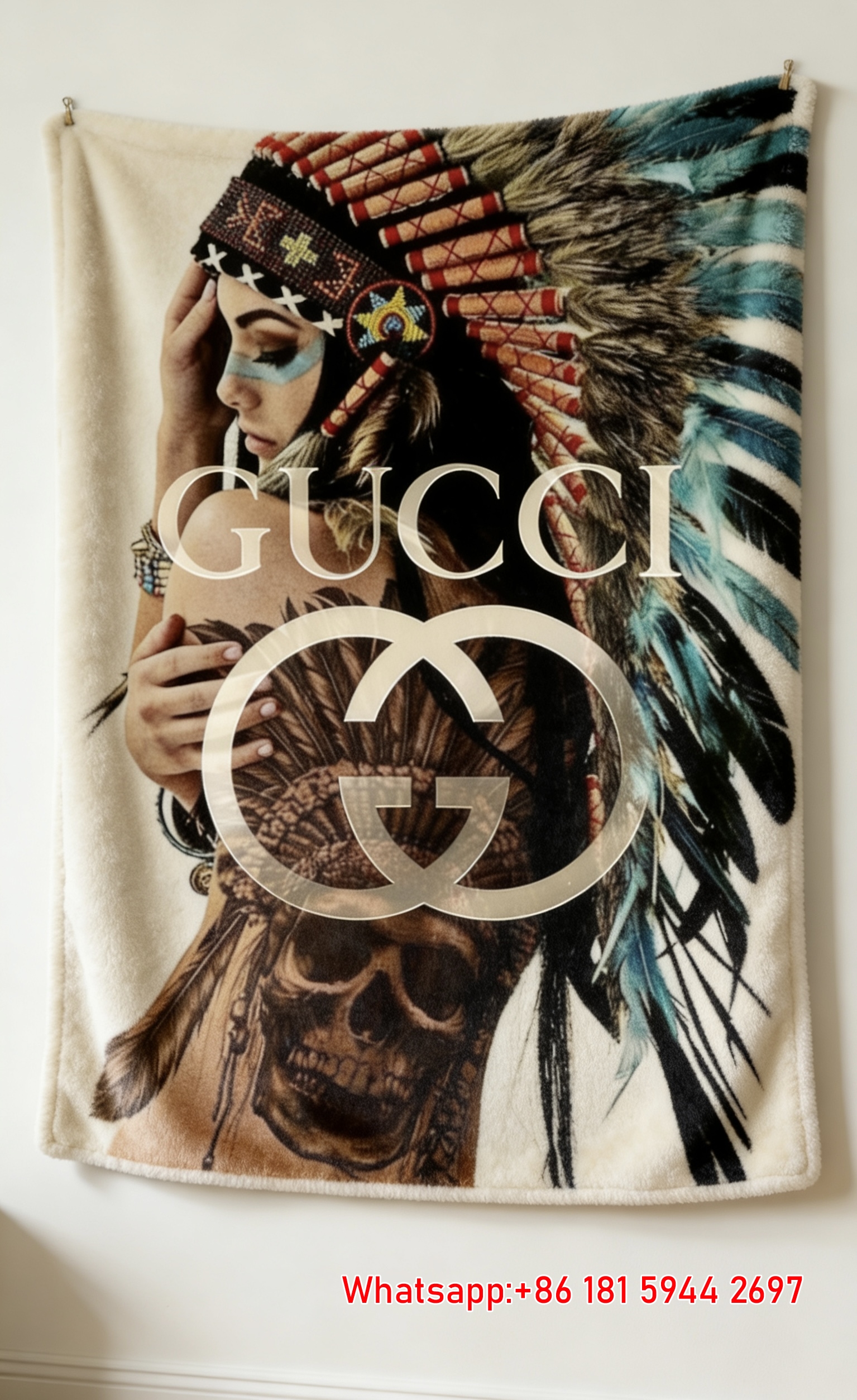 Gucci Tribal Skull Tapestry Native Warrior Gucci throw Blanket IMG_2713